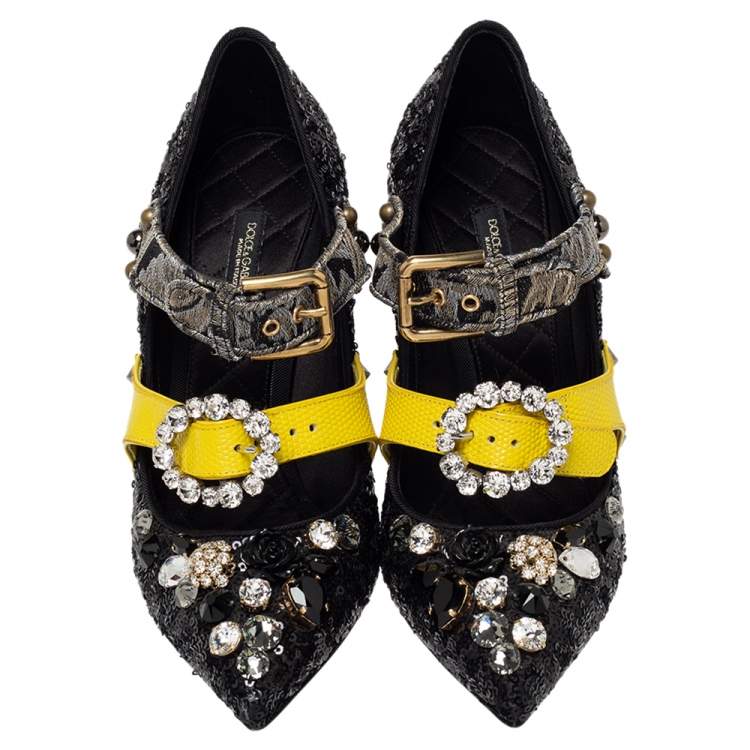 Pre Owned Dolce & Gabbana Black Sequins Embellished Buckle Strap Crystals Mary Jane Pumps Size 37