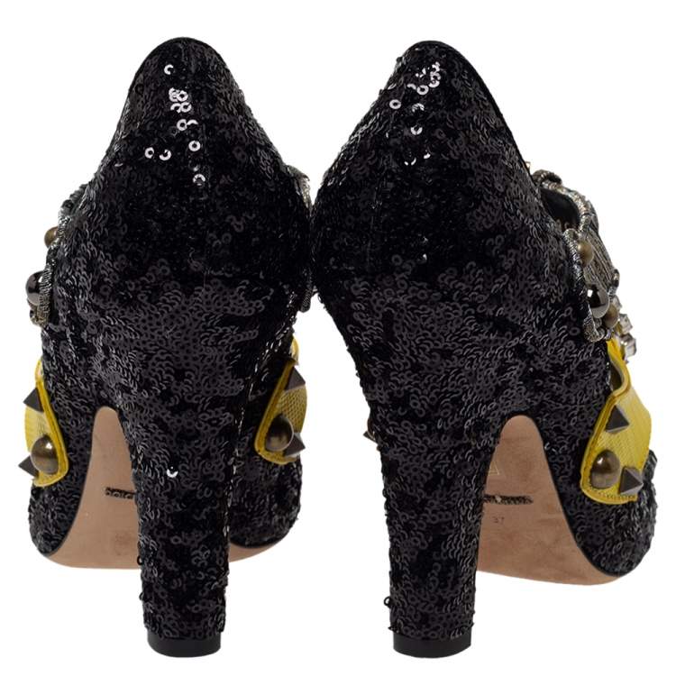 Pre Owned Dolce & Gabbana Black Sequins Embellished Buckle Strap Crystals Mary Jane Pumps Size 37