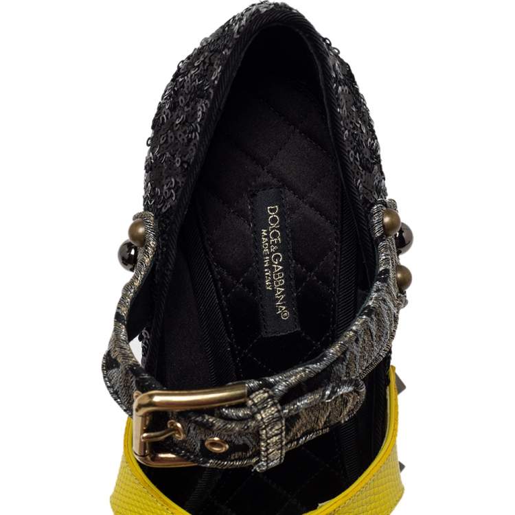 Pre Owned Dolce & Gabbana Black Sequins Embellished Buckle Strap Crystals Mary Jane Pumps Size 37