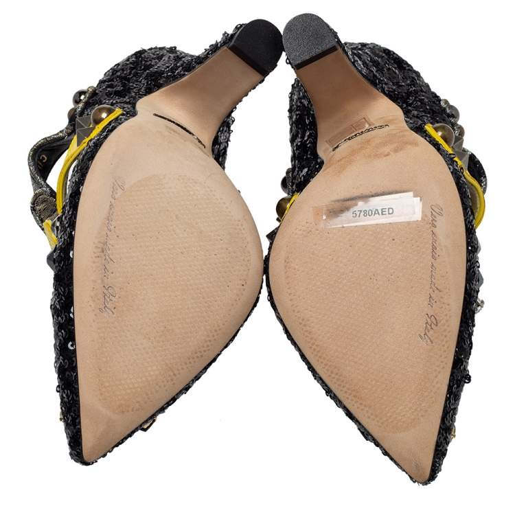 Pre Owned Dolce & Gabbana Black Sequins Embellished Buckle Strap Crystals Mary Jane Pumps Size 37