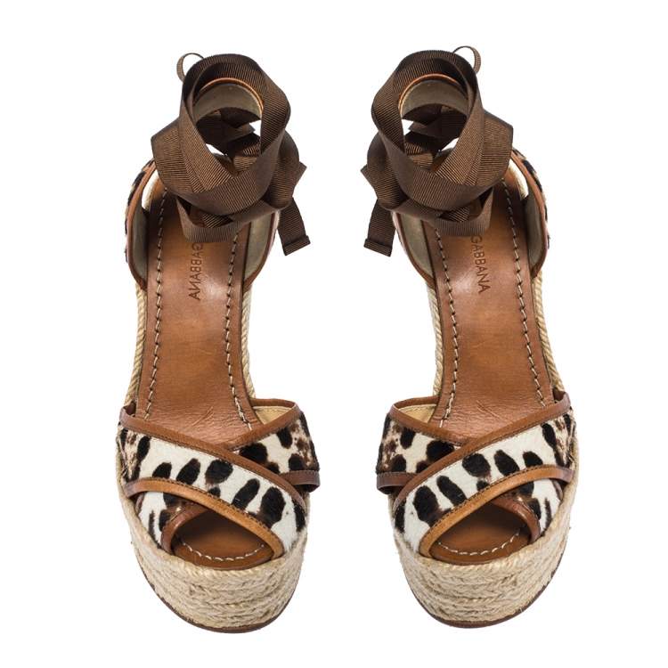Pre Owned Dolce & Gabbana Leopard Calf Hair and Leather Ankle Wrap Espadrille Wedges Size 37