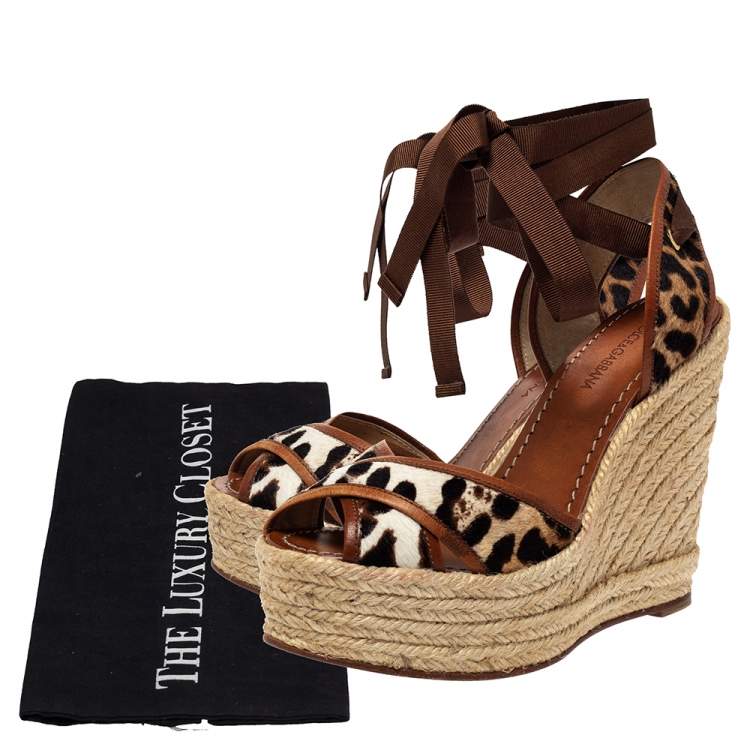 Pre Owned Dolce & Gabbana Leopard Calf Hair and Leather Ankle Wrap Espadrille Wedges Size 37