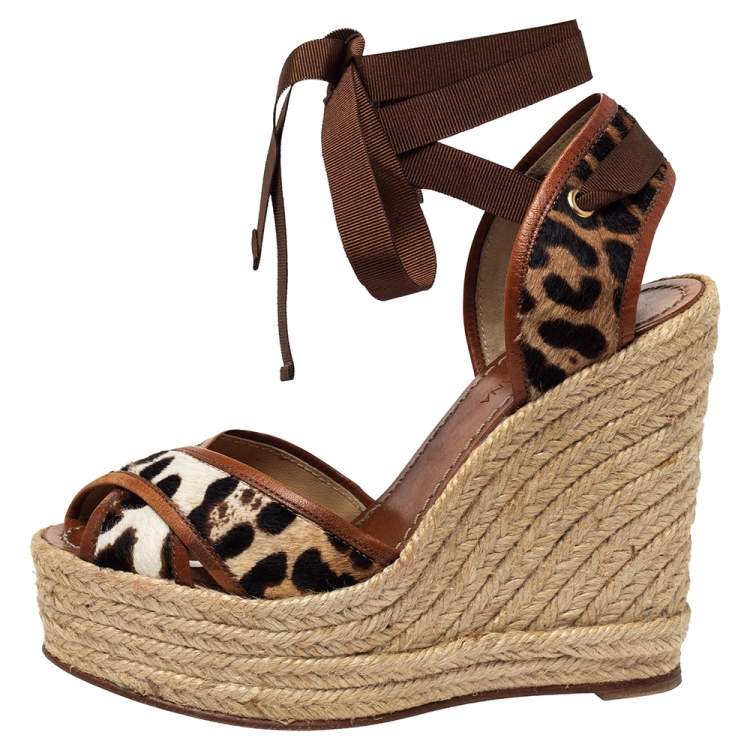 Pre Owned Dolce & Gabbana Leopard Calf Hair and Leather Ankle Wrap Espadrille Wedges Size 37