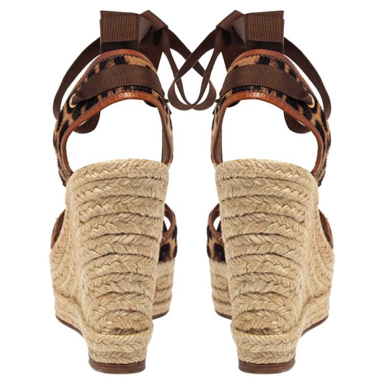 Pre Owned Dolce & Gabbana Leopard Calf Hair and Leather Ankle Wrap Espadrille Wedges Size 37