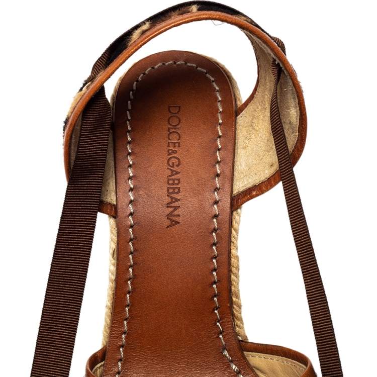 Pre Owned Dolce & Gabbana Leopard Calf Hair and Leather Ankle Wrap Espadrille Wedges Size 37