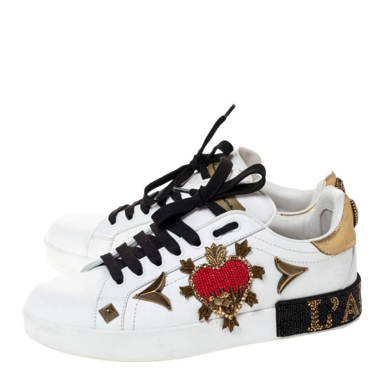 Pre Owned  Dolce and Gabbana White Leather Portofino Heart Embellished Low Top Sneakers Size 38