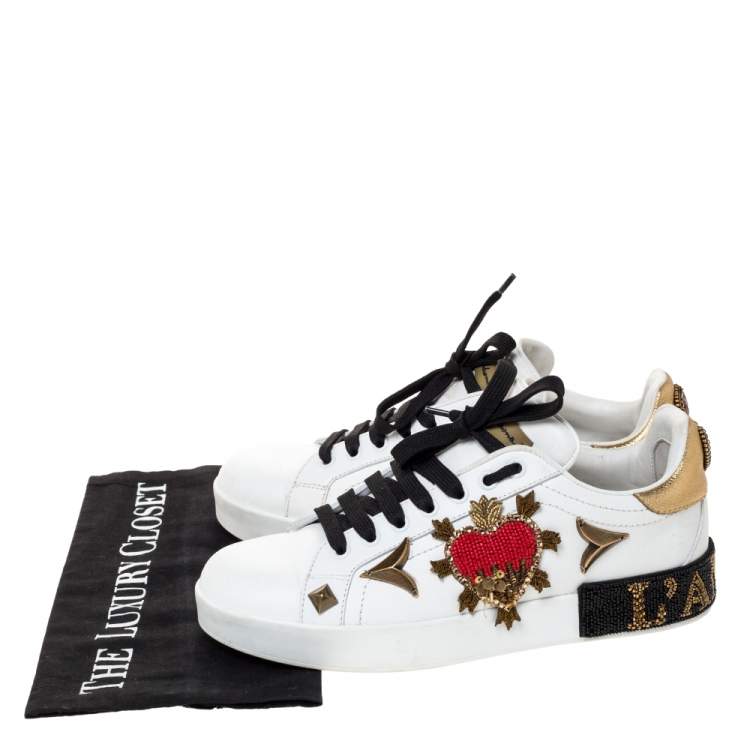 Pre Owned  Dolce and Gabbana White Leather Portofino Heart Embellished Low Top Sneakers Size 38
