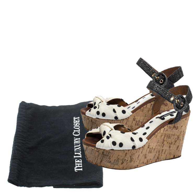 Pre Owned Dolce & Gabbana White/Gray Polka Dot Fabric and Raffia Cork Wedge Sandals Size 37