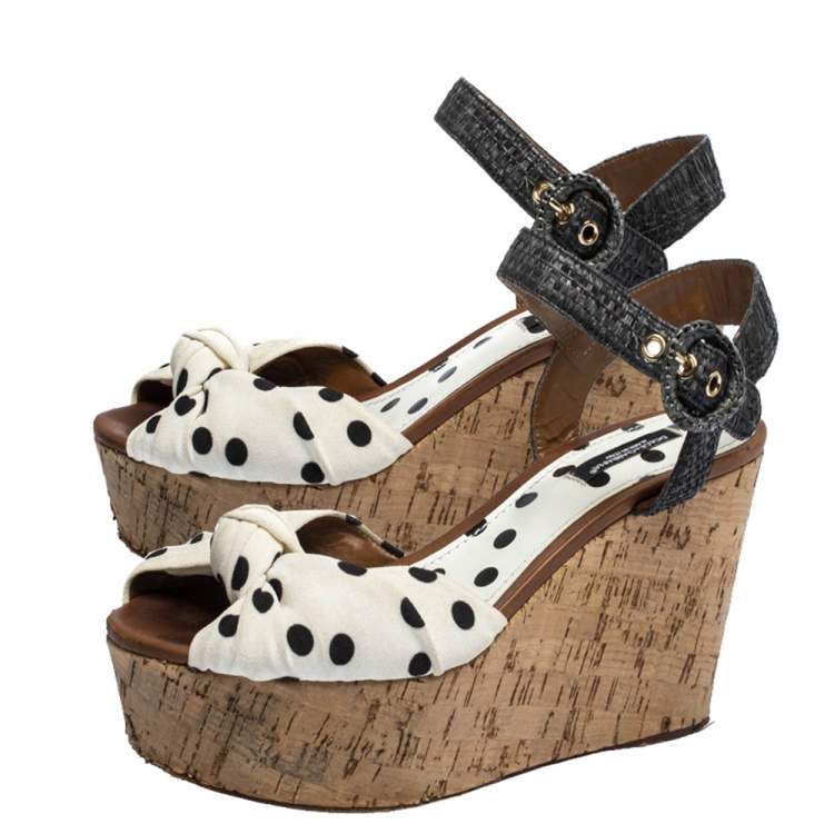 Pre Owned Dolce & Gabbana White/Gray Polka Dot Fabric and Raffia Cork Wedge Sandals Size 37