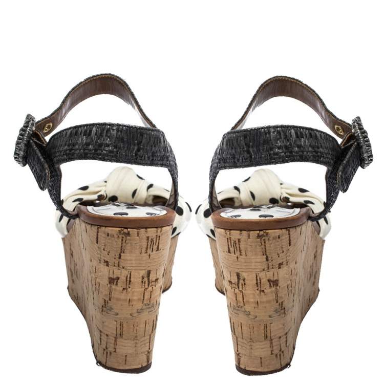Pre Owned Dolce & Gabbana White/Gray Polka Dot Fabric and Raffia Cork Wedge Sandals Size 37