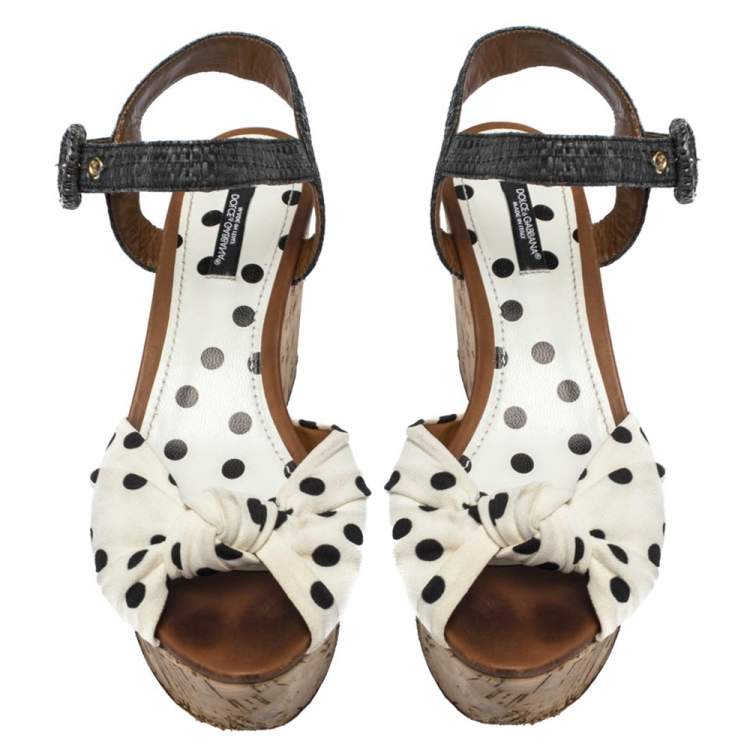 Pre Owned Dolce & Gabbana White/Gray Polka Dot Fabric and Raffia Cork Wedge Sandals Size 37