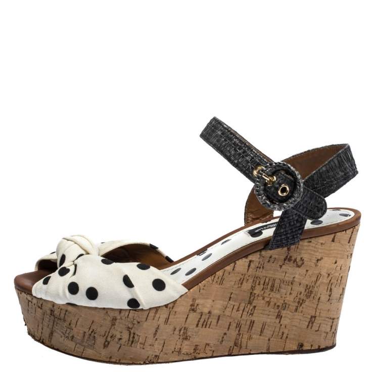 Pre Owned Dolce & Gabbana White/Gray Polka Dot Fabric and Raffia Cork Wedge Sandals Size 37