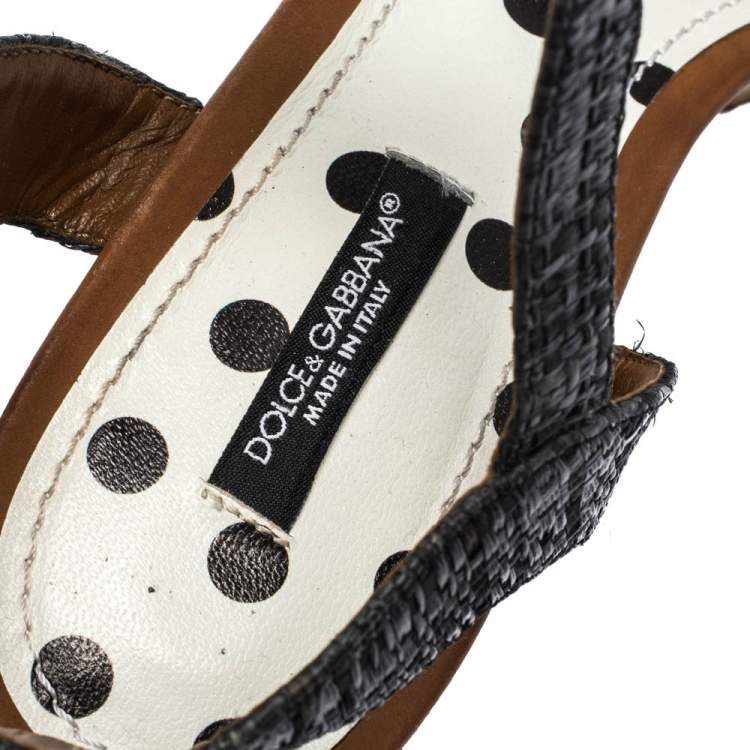 Pre Owned Dolce & Gabbana White/Gray Polka Dot Fabric and Raffia Cork Wedge Sandals Size 37