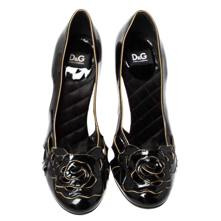 Pre Owned Dolce and Gabbana Black Patent Leather Flower Cut Out Pumps Size 37