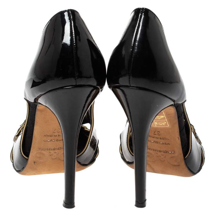Pre Owned Dolce and Gabbana Black Patent Leather Flower Cut Out Pumps Size 37