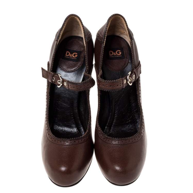 Pre Owned Dolce and Gabbana Brown Leather Brogue Detail Mary Jane Pumps Size 39