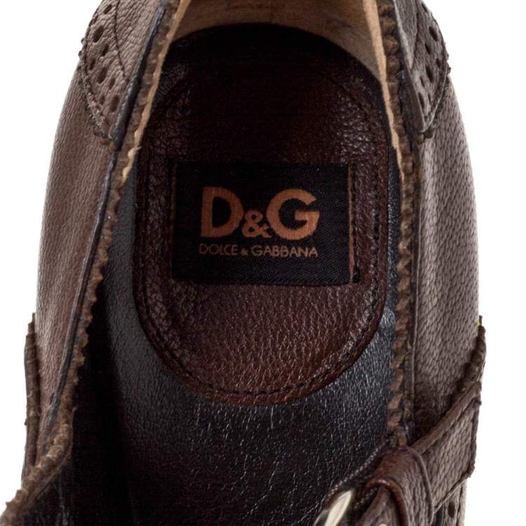 Pre Owned Dolce and Gabbana Brown Leather Brogue Detail Mary Jane Pumps Size 39