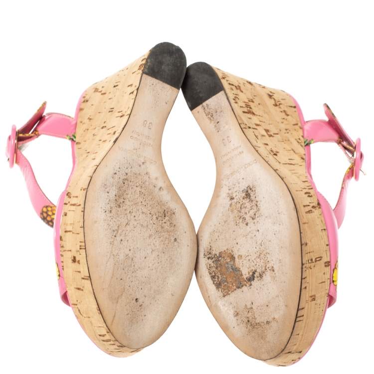 Pre Owned Dolce and Gabbana Pink Patent Pineapple Print Cork Platform Wedge Sandals Size 38