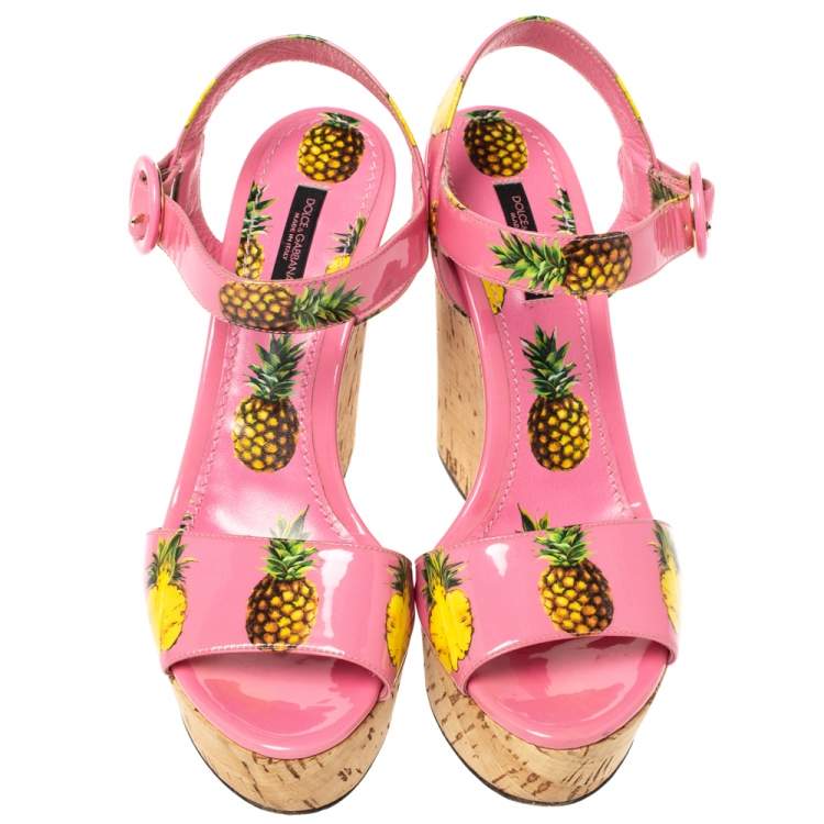 Pre Owned Dolce and Gabbana Pink Patent Pineapple Print Cork Platform Wedge Sandals Size 38