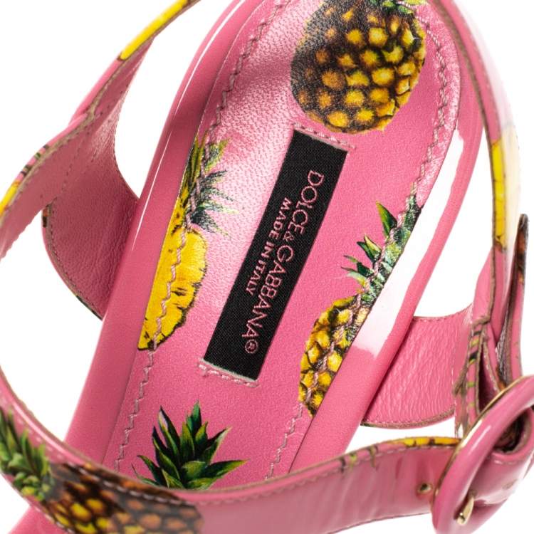 Pre Owned Dolce and Gabbana Pink Patent Pineapple Print Cork Platform Wedge Sandals Size 38