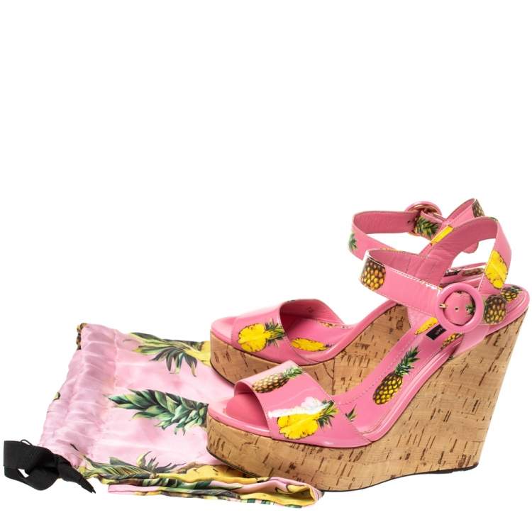 Pre Owned Dolce and Gabbana Pink Patent Pineapple Print Cork Platform Wedge Sandals Size 38
