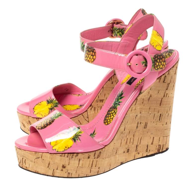 Pre Owned Dolce and Gabbana Pink Patent Pineapple Print Cork Platform Wedge Sandals Size 38