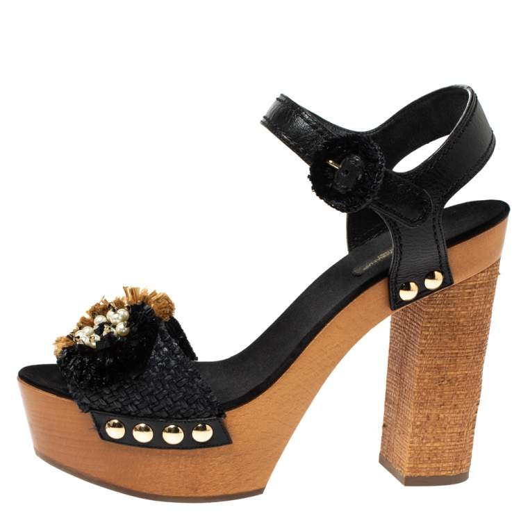 Pre Owned Dolce & Gabbana Black/Brown Leather And Raffia Embellished Platform Ankle Strap Sandals Size 40