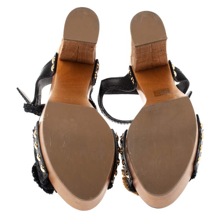 Pre Owned Dolce & Gabbana Black/Brown Leather And Raffia Embellished Platform Ankle Strap Sandals Size 40