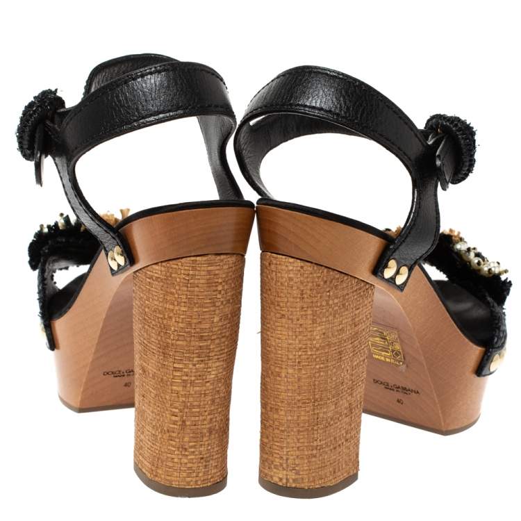Pre Owned Dolce & Gabbana Black/Brown Leather And Raffia Embellished Platform Ankle Strap Sandals Size 40