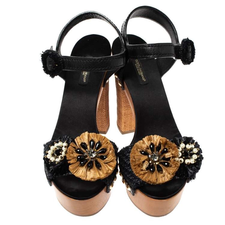 Pre Owned Dolce & Gabbana Black/Brown Leather And Raffia Embellished Platform Ankle Strap Sandals Size 40