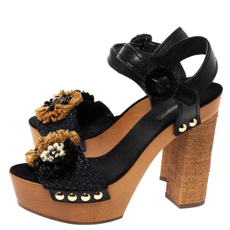 Pre Owned Dolce & Gabbana Black/Brown Leather And Raffia Embellished Platform Ankle Strap Sandals Size 40