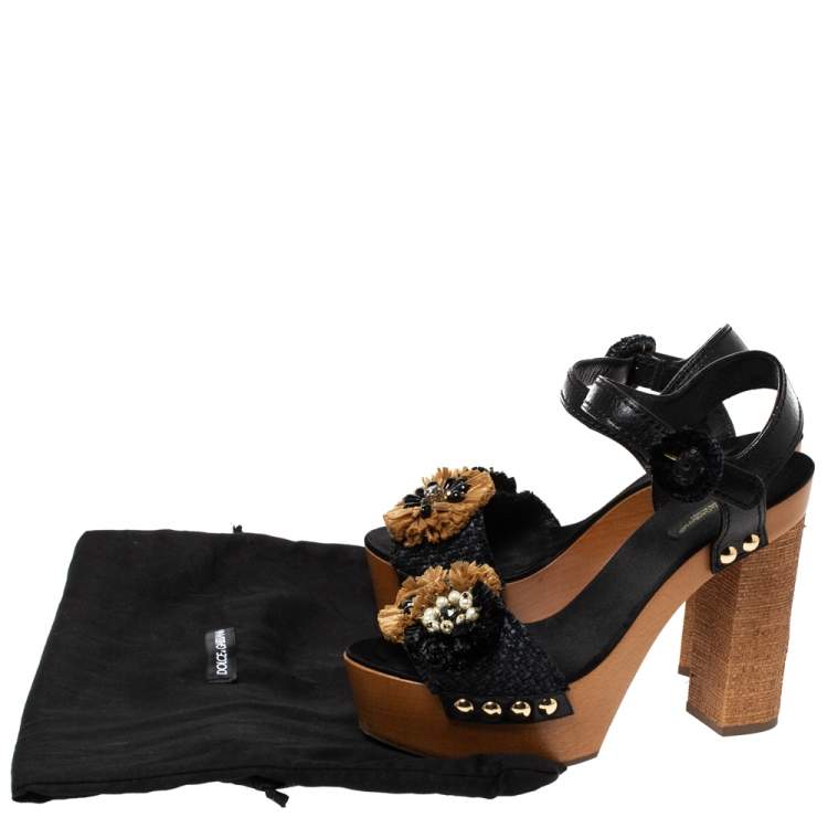 Pre Owned Dolce & Gabbana Black/Brown Leather And Raffia Embellished Platform Ankle Strap Sandals Size 40