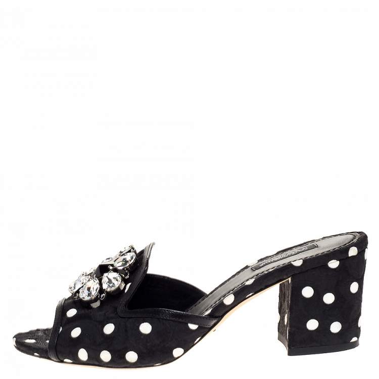 Pre Owned Dolce & Gabbana Black/White Polka Dot Brocade Fabric Crystal Embellished Sandals Size 39