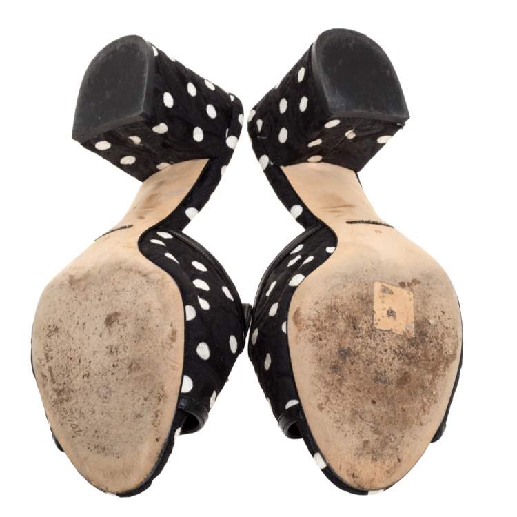 Pre Owned Dolce & Gabbana Black/White Polka Dot Brocade Fabric Crystal Embellished Sandals Size 39
