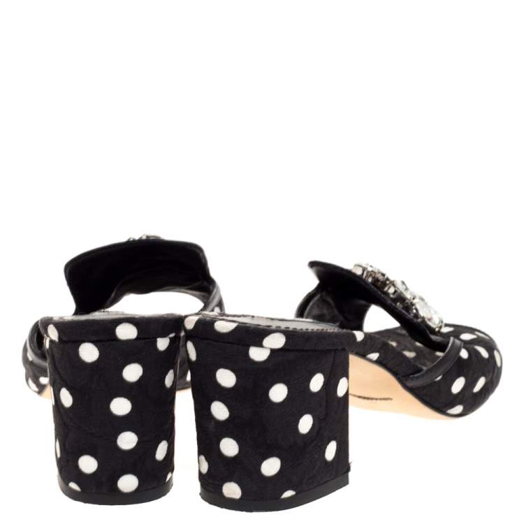 Pre Owned Dolce & Gabbana Black/White Polka Dot Brocade Fabric Crystal Embellished Sandals Size 39