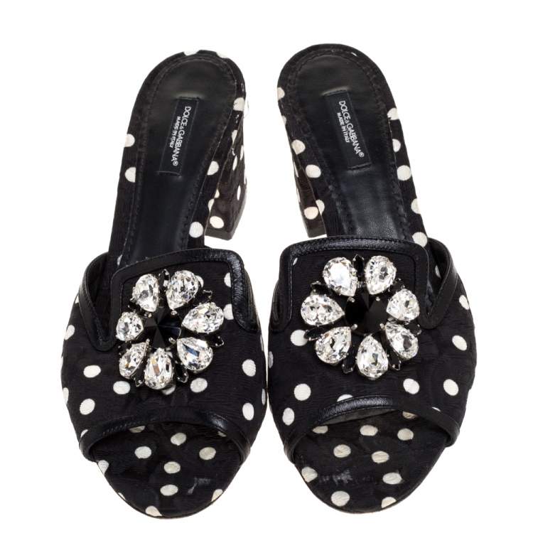 Pre Owned Dolce & Gabbana Black/White Polka Dot Brocade Fabric Crystal Embellished Sandals Size 39