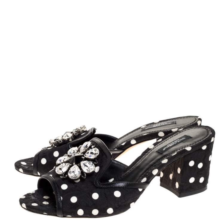 Pre Owned Dolce & Gabbana Black/White Polka Dot Brocade Fabric Crystal Embellished Sandals Size 39