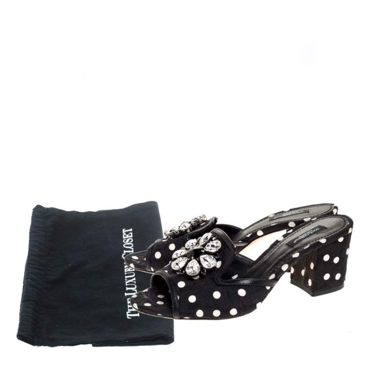 Pre Owned Dolce & Gabbana Black/White Polka Dot Brocade Fabric Crystal Embellished Sandals Size 39