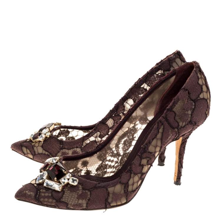 Pre Owned Dolce & Gabbana Purple Lace And Mesh Pointed Toe Pumps Size 40
