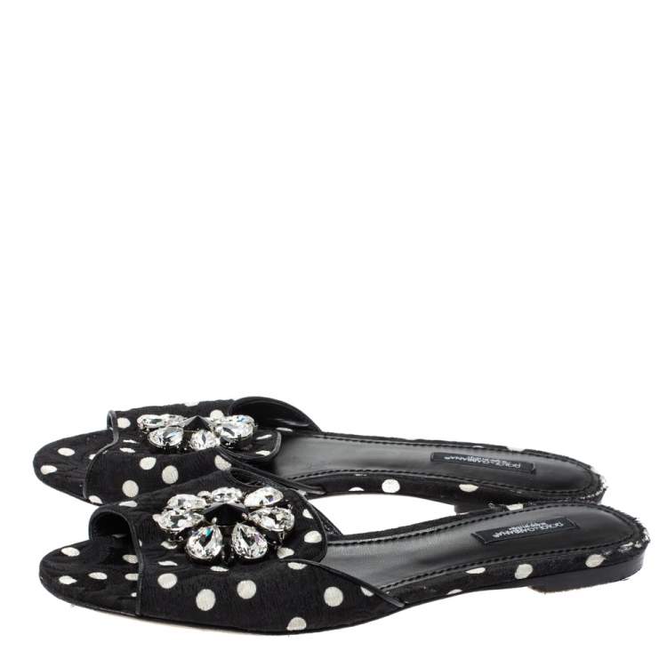 Pre Owned Dolce & Gabbana Black/White Polka Dot Fabric Crystal Embellished Bianca Flat Slides Size 39