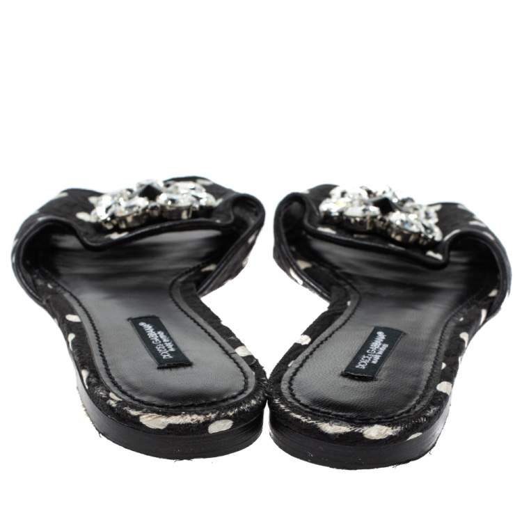 Pre Owned Dolce & Gabbana Black/White Polka Dot Fabric Crystal Embellished Bianca Flat Slides Size 39