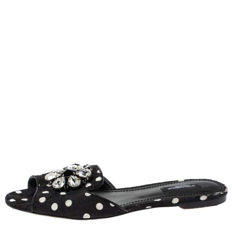 Pre Owned Dolce & Gabbana Black/White Polka Dot Fabric Crystal Embellished Bianca Flat Slides Size 39