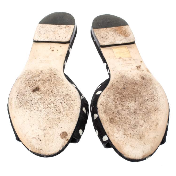Pre Owned Dolce & Gabbana Black/White Polka Dot Fabric Crystal Embellished Bianca Flat Slides Size 39
