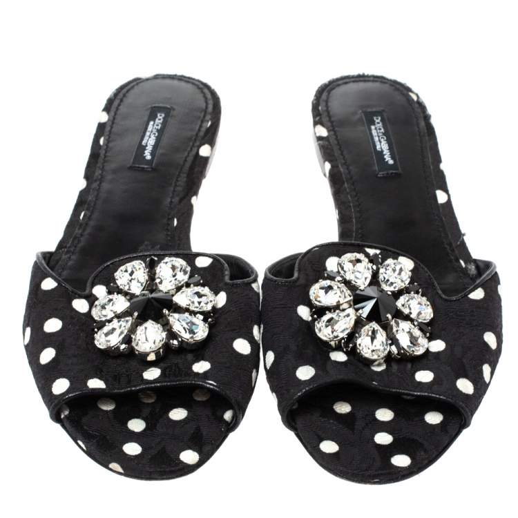Pre Owned Dolce & Gabbana Black/White Polka Dot Fabric Crystal Embellished Bianca Flat Slides Size 39