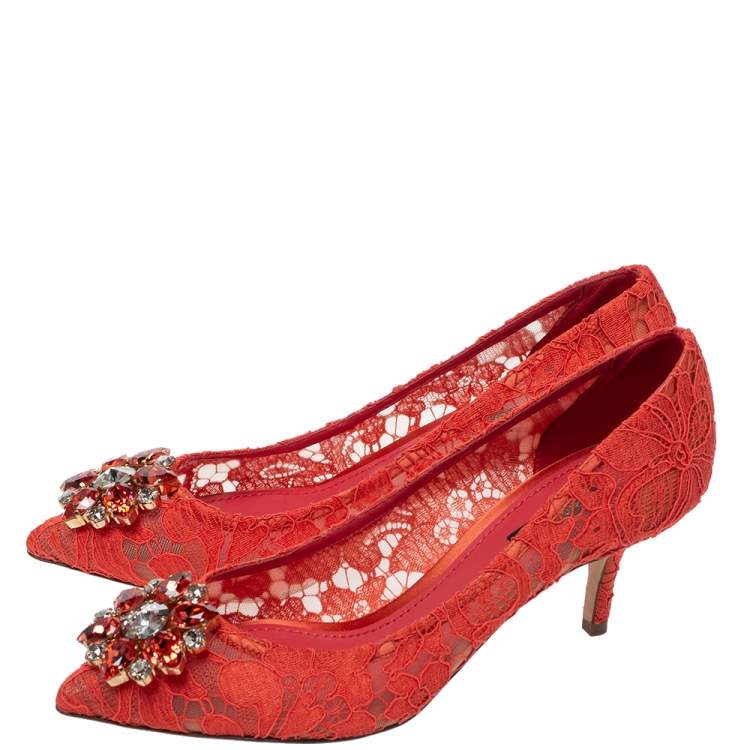 Pre Owned Dolce & Gabbana Orange Lace Jeweled Embellishment Pointed Toe Pumps Size 38