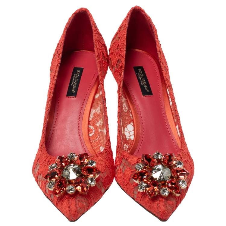 Pre Owned Dolce & Gabbana Orange Lace Jeweled Embellishment Pointed Toe Pumps Size 38