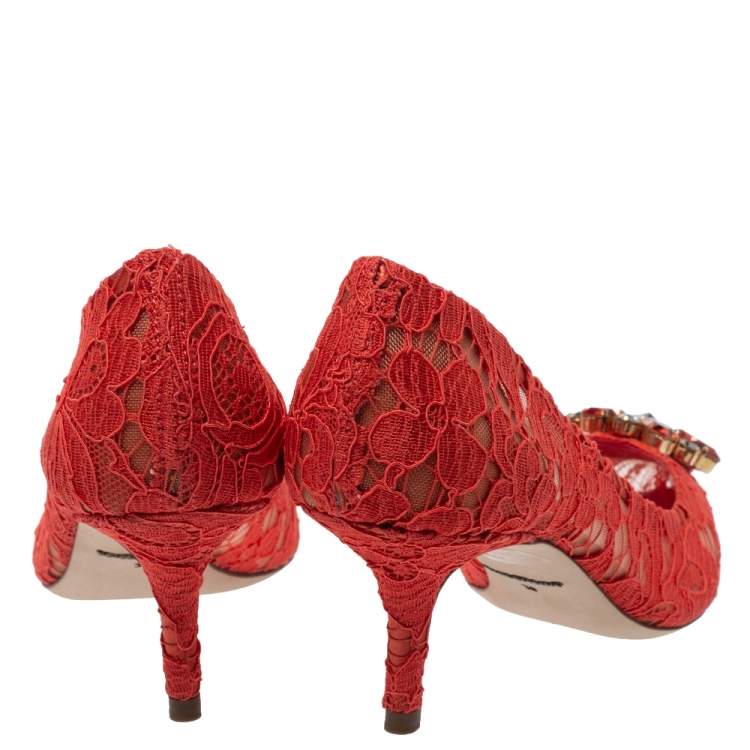 Pre Owned Dolce & Gabbana Orange Lace Jeweled Embellishment Pointed Toe Pumps Size 38