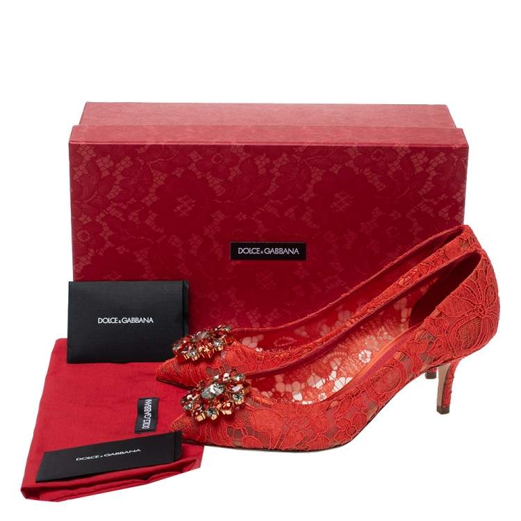 Pre Owned Dolce & Gabbana Orange Lace Jeweled Embellishment Pointed Toe Pumps Size 38