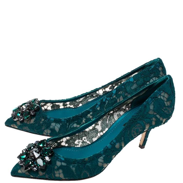 Pre Owned Dolce & Gabbana Green Lace Jewel Embellished Pointed Toe Pumps Size 38