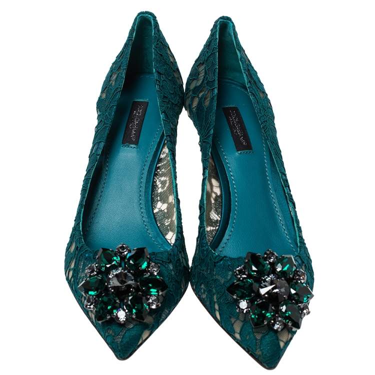 Pre Owned Dolce & Gabbana Green Lace Jewel Embellished Pointed Toe Pumps Size 38